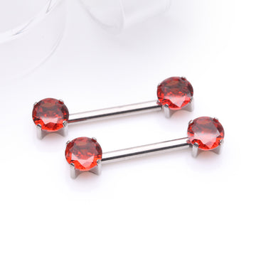 Detail View 1 of A Pair of Implant Grade Titanium OneFit Threadless Prong Gem Sparkle Nipple Barbell-Red